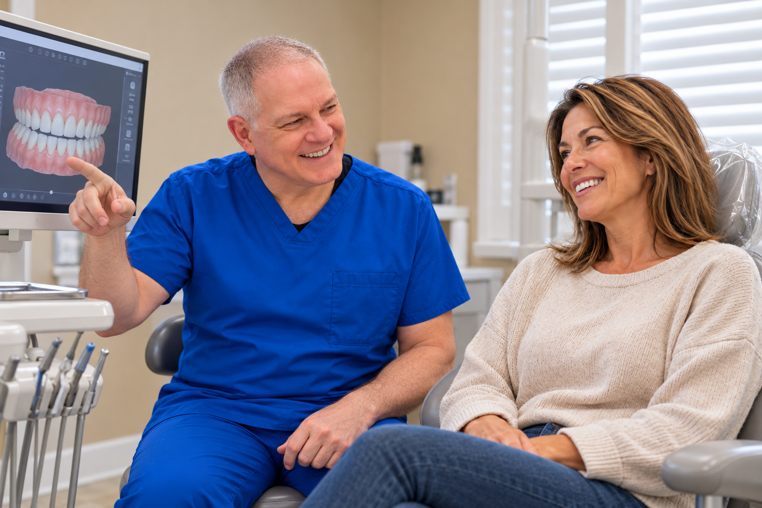 Illustration of Dr. Stevenson discussing a possible treatment appearance with a patient using a 3D dental image